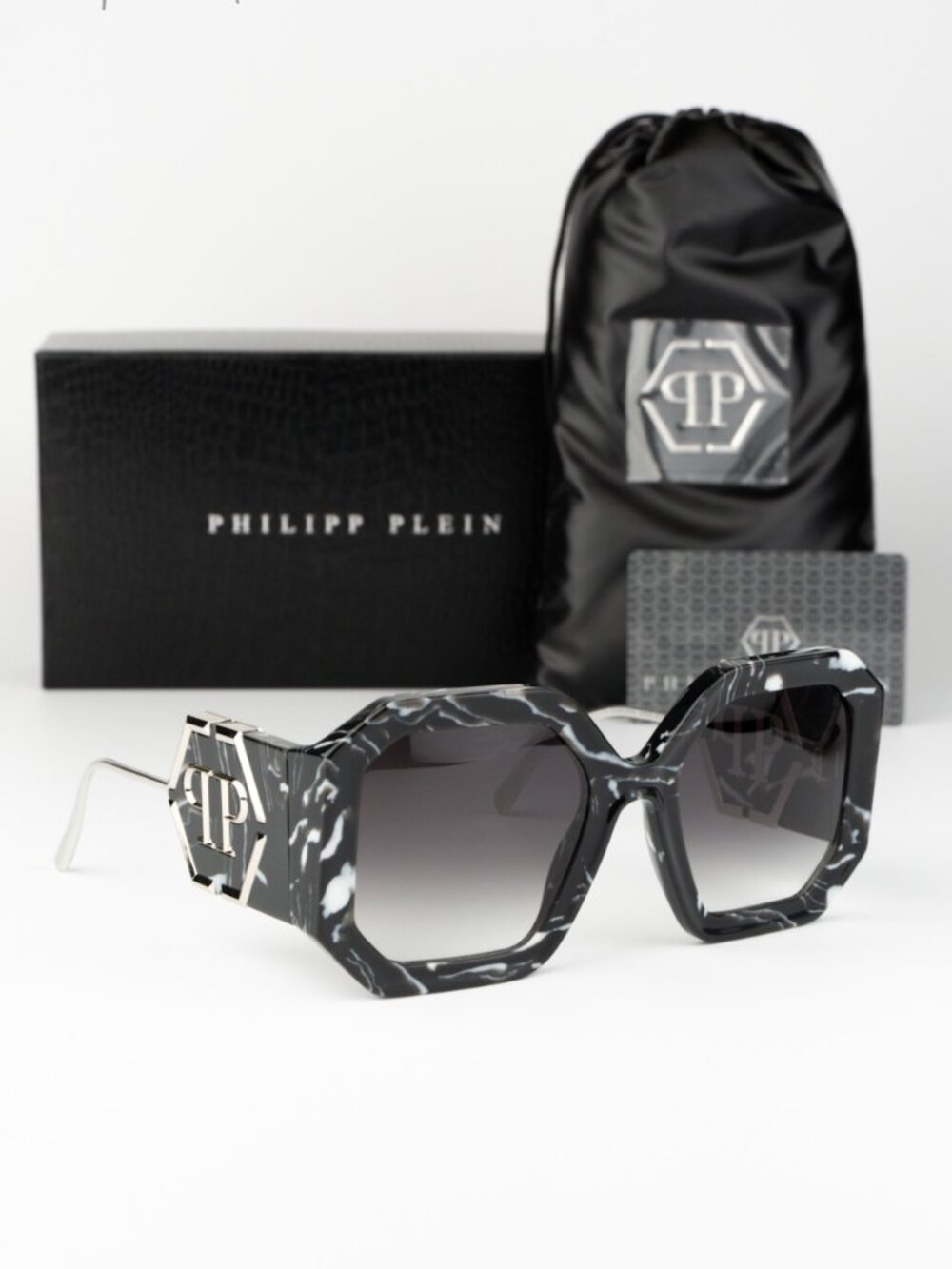 Philipp Plein Women Sunglasses Black Grey Gradient Square SPP067 0721 NEW